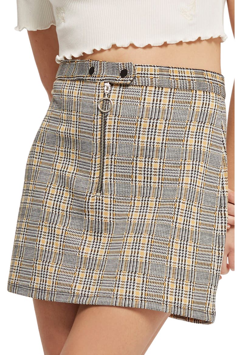 Zip Popper Plaid Miniskirt, Main, color, MUSTARD MULTI