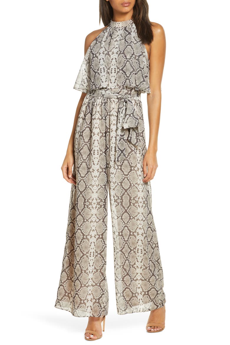 Halter Tie Waist Jumpsuit, Main, color, ANIMAL