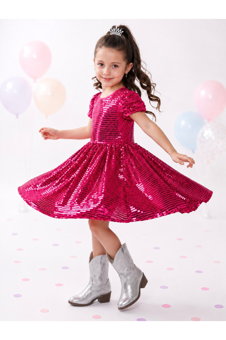 Sparkle Twirl Pink Sequin Puff Sleeve Dress, Alternate, color, Pink