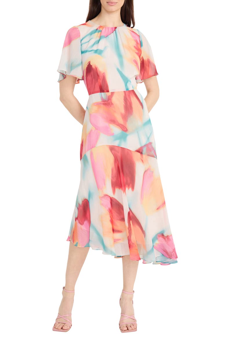 Flutter Sleeve Midi Dress, Main, color, CREAM/ CORAL PINK