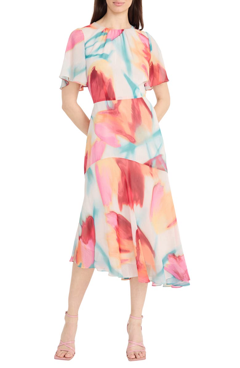 Maggy London Flutter Sleeve Midi Dress, Main, color, Cream/ Coral Pink
