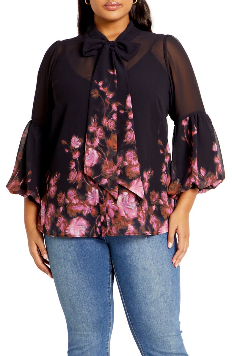 City Chic Romance Sheer Button-Up Top, Main, color,