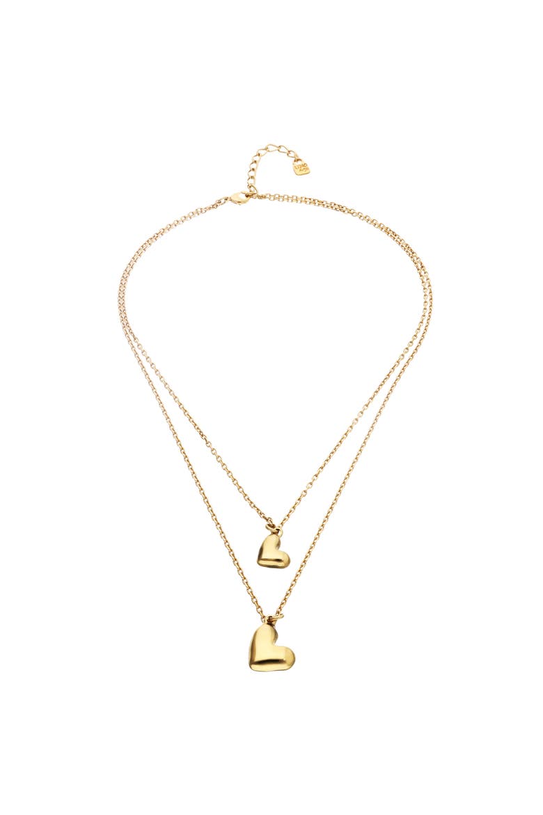 Double Necklace Plated In 18K Gold With Two Hearts, Alternate, color, Gold