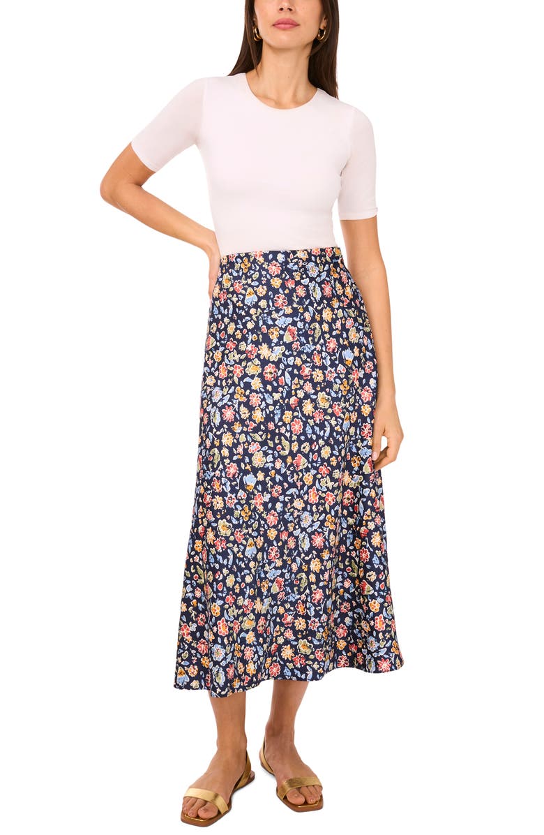 Vince Camuto Floral Bias Cut Midi Skirt, Alternate, color, Classic Navy