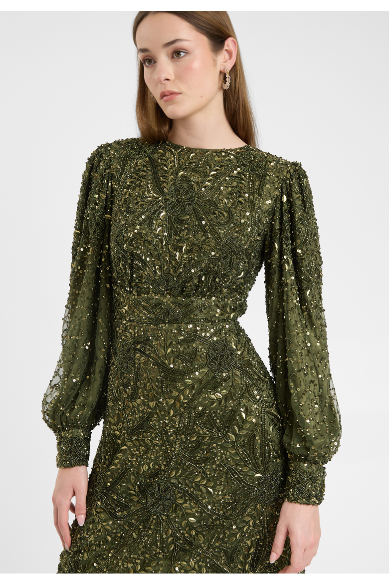 Modest Embellished Sequin Beaded Dress Maxi With loose Cuff Sleeves, Alternate, color, OLIVE