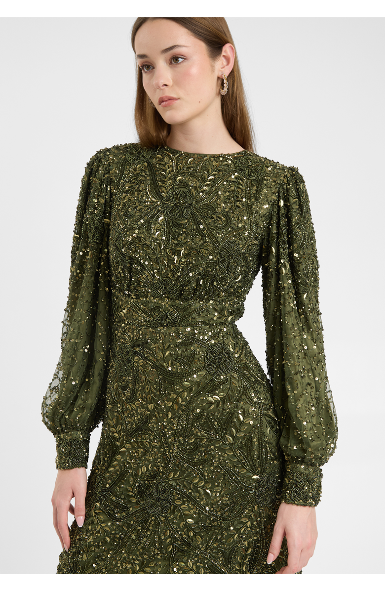 MARYISA Modest Embellished Sequin Beaded Dress Maxi With loose Cuff Sleeves, Alternate, color, Olive