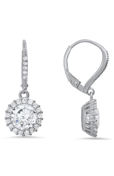 Sterling Silver CZ Halo Drop Earrings