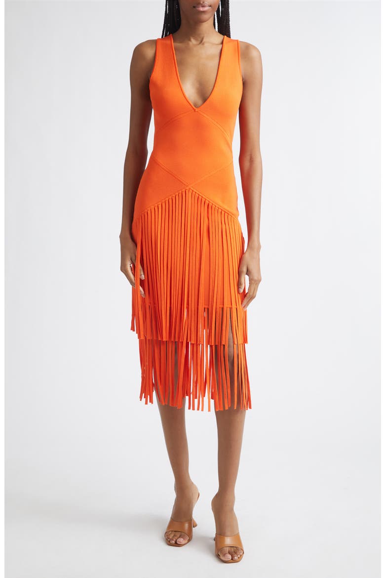 Patricia Seamed Fringe Hem Midi Dress, Main, color, FLAME