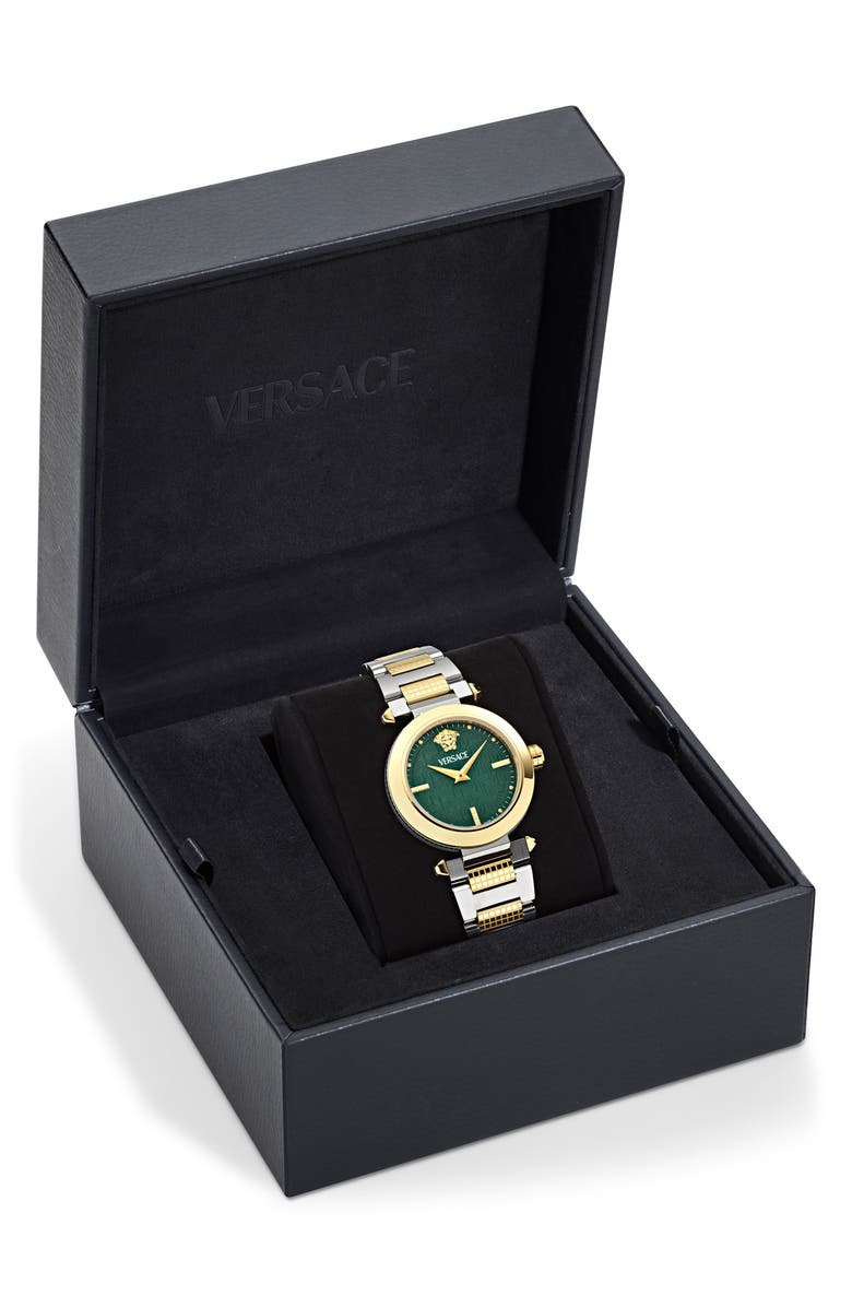Versace Greek Bracelet Watch, 35mm, Alternate, color, Two Tone/ Green