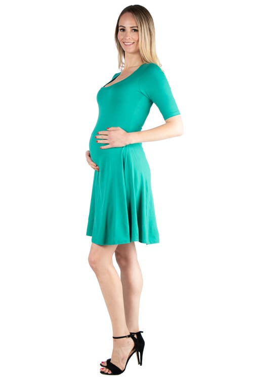 24seven Comfort Apparel Maternity Knee Length A-line Elbow Sleeve Dress In Green