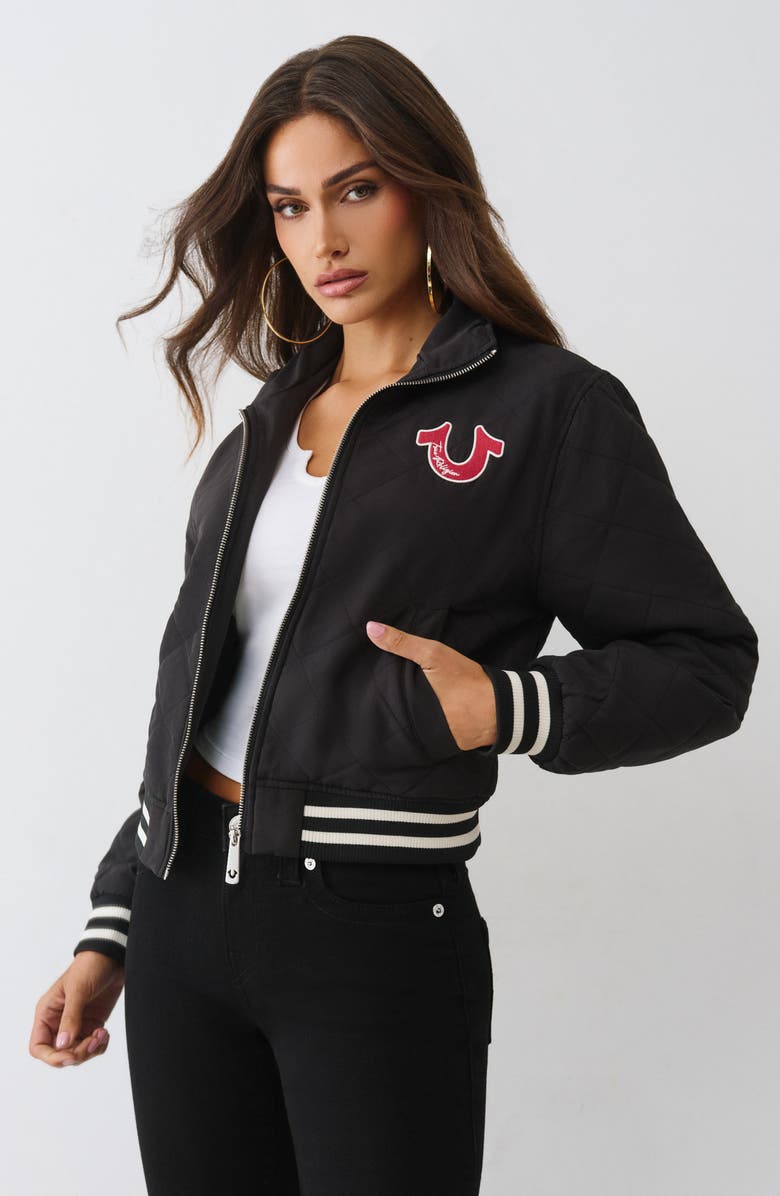 True Religion Quilted Logo Zip Jacket, Alternate, color, Jet Black