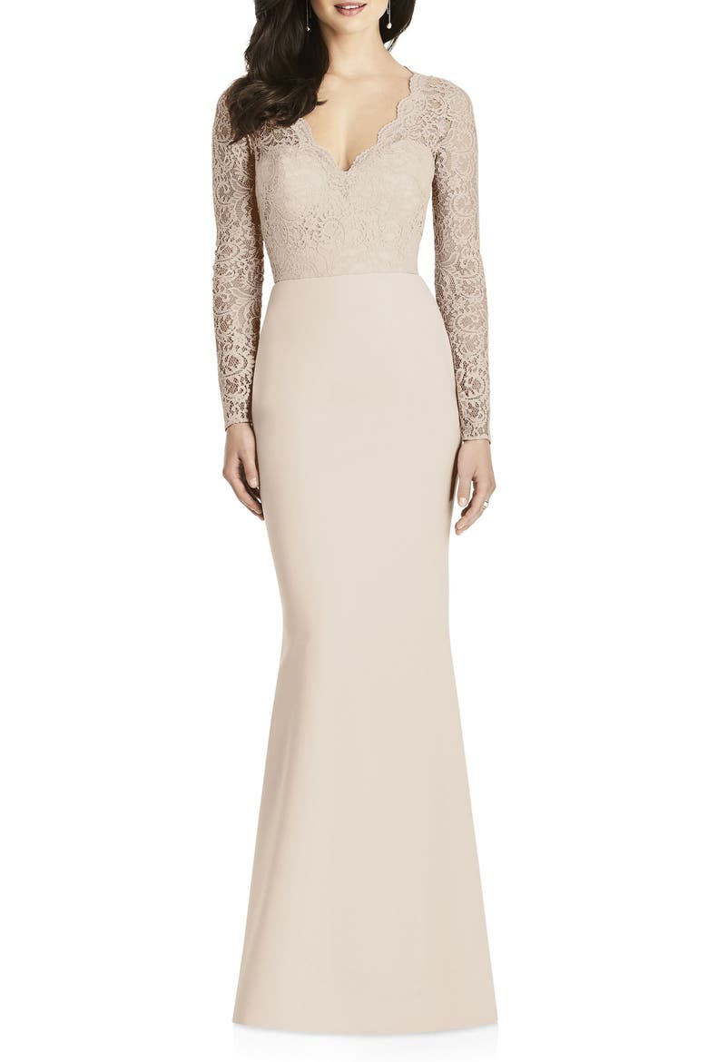 Long Sleeve Lace & Crepe Trumpet Gown, Main, color, CAMEO