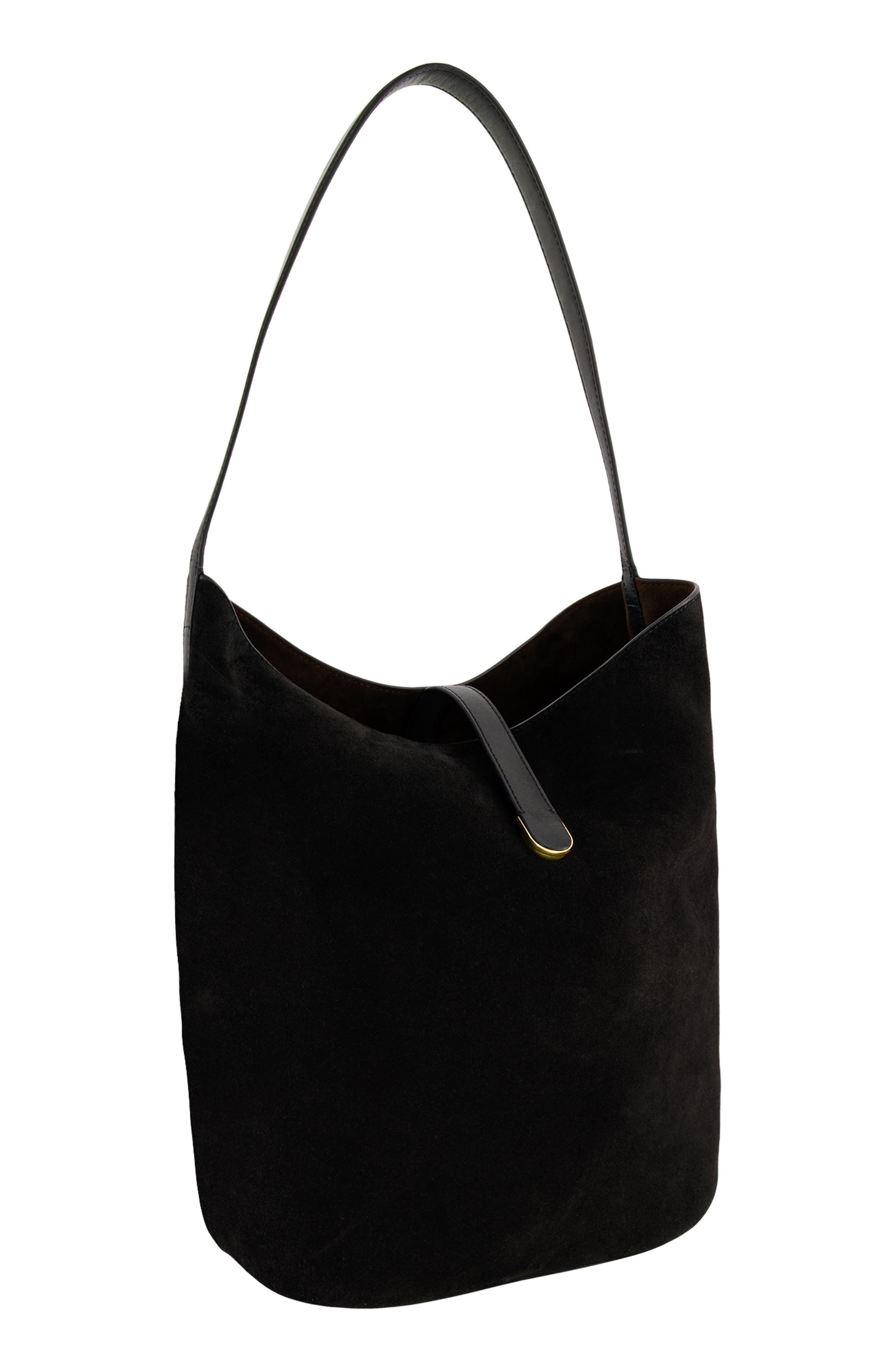 Eris Large Suede Bucket Bag, Alternate, color, BLACK