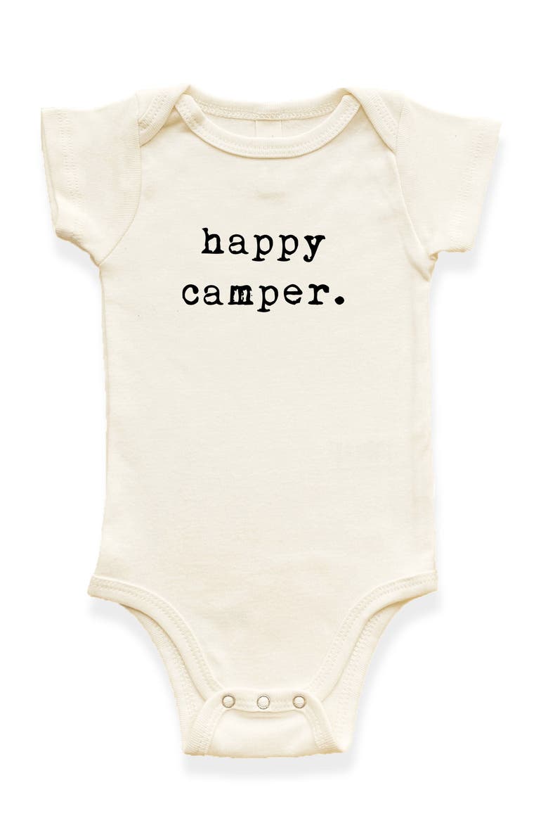 Happy camper Organic Baby Bodysuit, Main, color, Natural Black Lettering