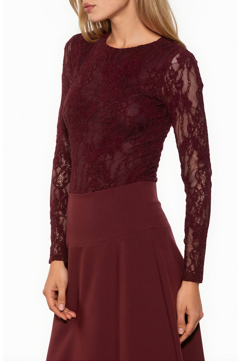Celine Stretch Lace Bodysuit, Alternate, color, BURGUNDY