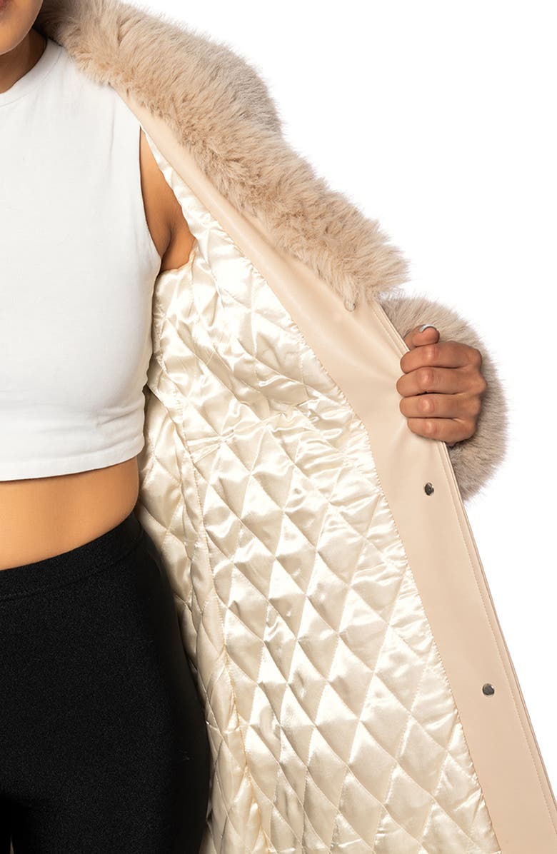 AZALEA WANG Belted Faux Fur Trim Faux Leather Trench Coat, Alternate, color, 