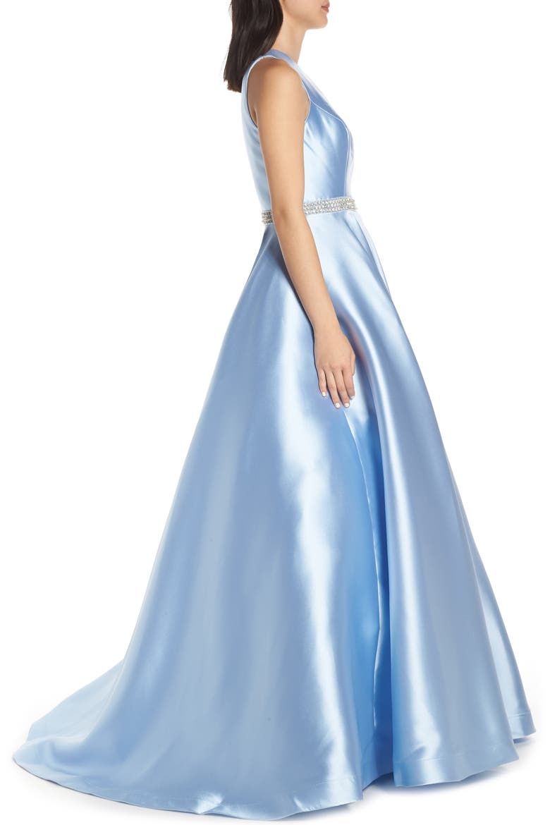 Embellished Waist Satin Ballgown, Alternate, color, POWDER BLUE