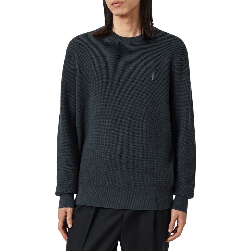 Allsaints Oversize Cotton & Wool Waffle Crewneck Sweater In Black