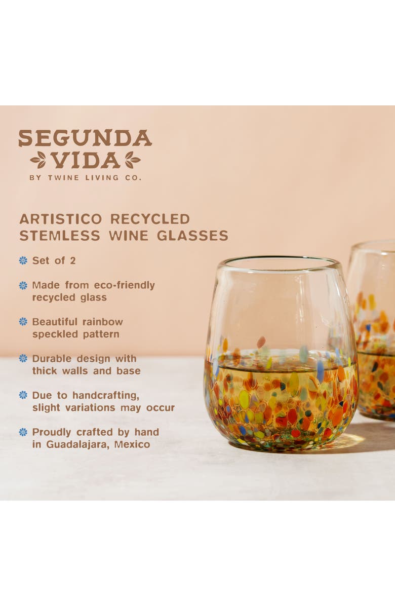 TWINE Segunda Vida Artistico Recycled Stemless Wine Glasses Set of 2, Alternate, color, Multicolor