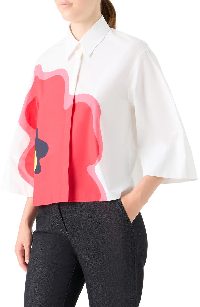 Akris punto Abstract Floral Three Quarter Sleeve Button-Up Shirt, Alternate, color, Cream-Multicolor