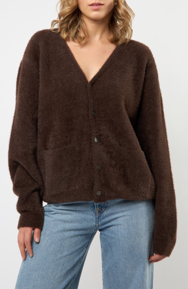 Viens Avec Moi Faux Fur Button-Up Cardigan, Main, color, Brown