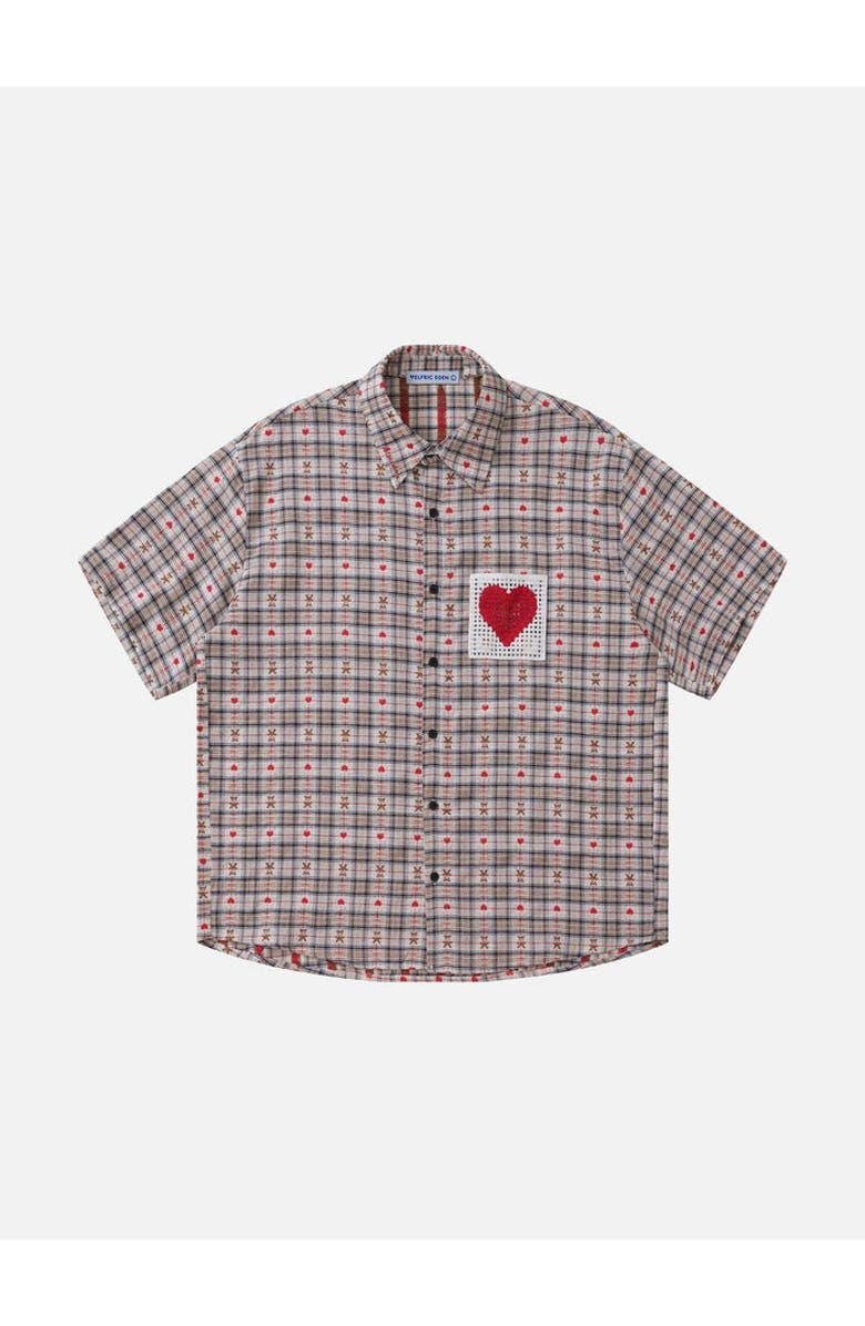 AELFRIC EDEN Crochet Heart Pocket Plaid Shirt, Main, color, Red
