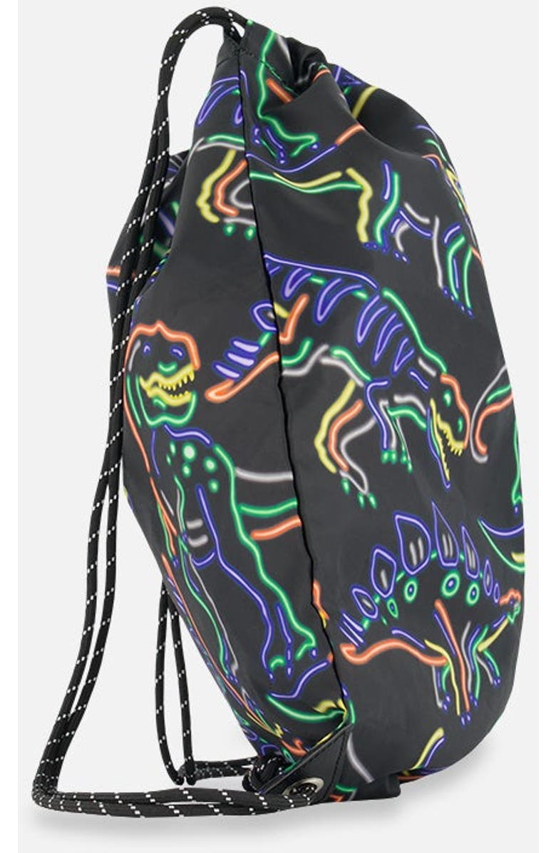 Deux par Deux Boy's Drawstring Bag Black Printed Neon Dino, Alternate, color,