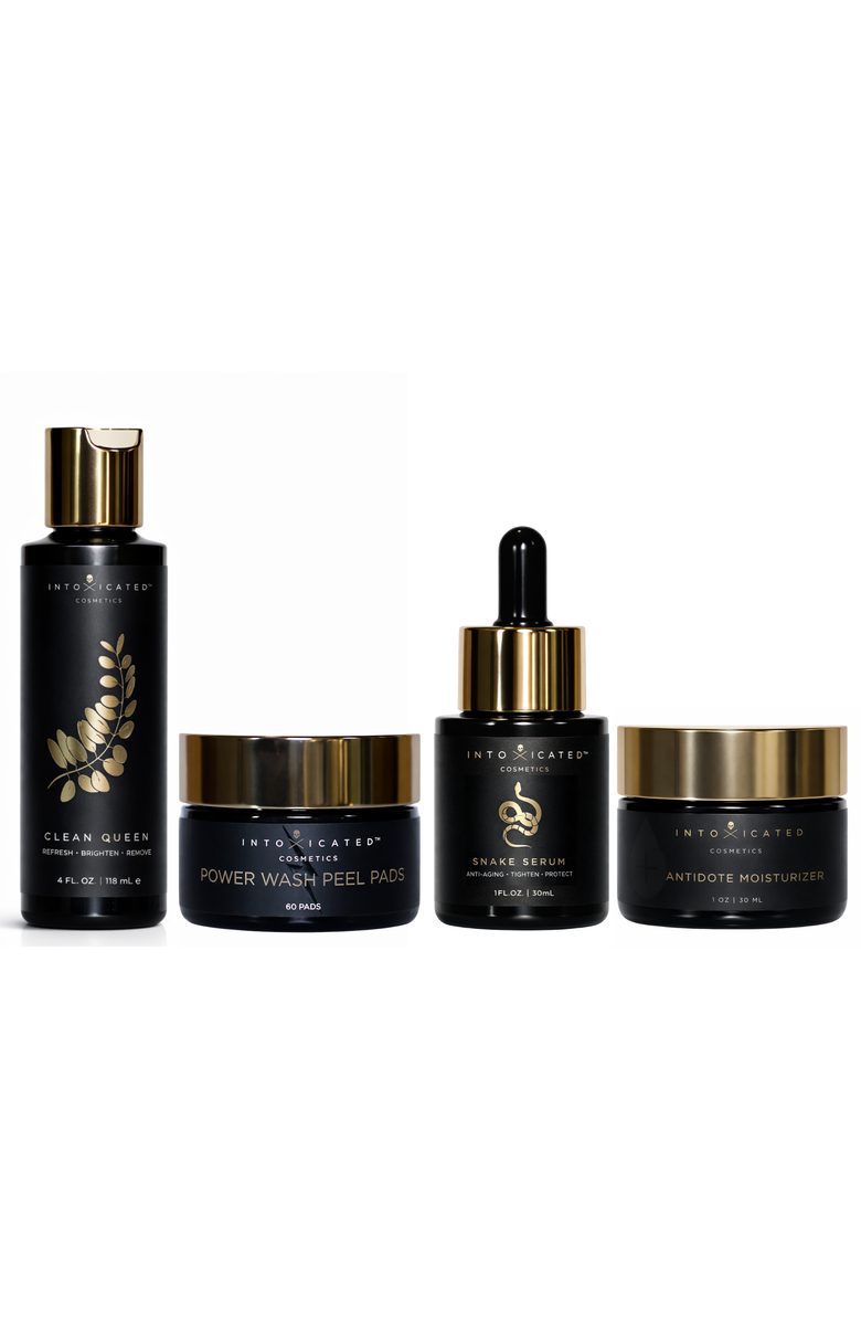 Intoxicated Cosmetics Complete Snake Set (Snake Serum, Antidote Moisturizer, Clean Queen, Power Wash Peel Pads) | Anti-Aging Skincare Serum with Vegan Snake Peptides, Fine Line Smoothing Daily Moisturizer, & Glyolic Exfoliation Bundle, Main, color, NO COLOR