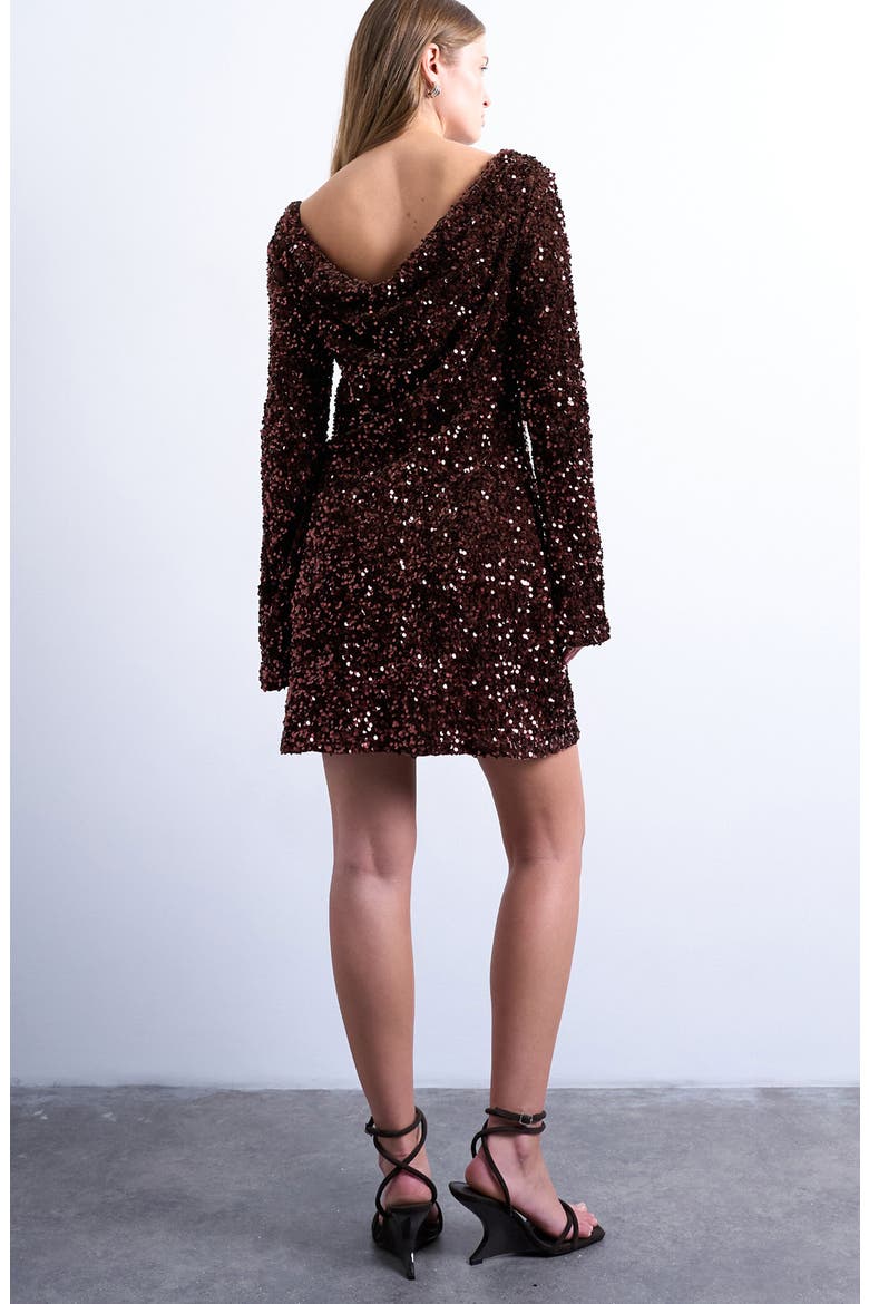 Sequin Cowl Back Long Sleeve Minidress, Alternate, color, BROWN