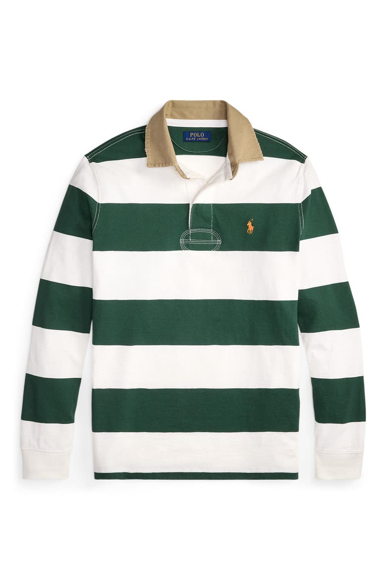Classic Fit Khaki Collar Rugby Shirt, Alternate, color, GRASS GREEN/ TROPHY CREAM