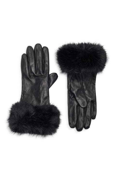 Faux Fur Cuff Leather Gloves