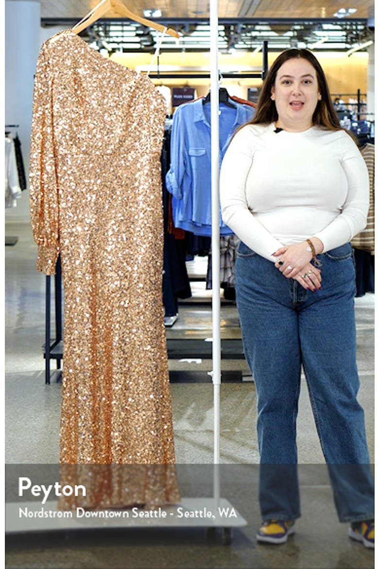 Sequined One Shoulder Bishop Sleeve Trumpet Gown video