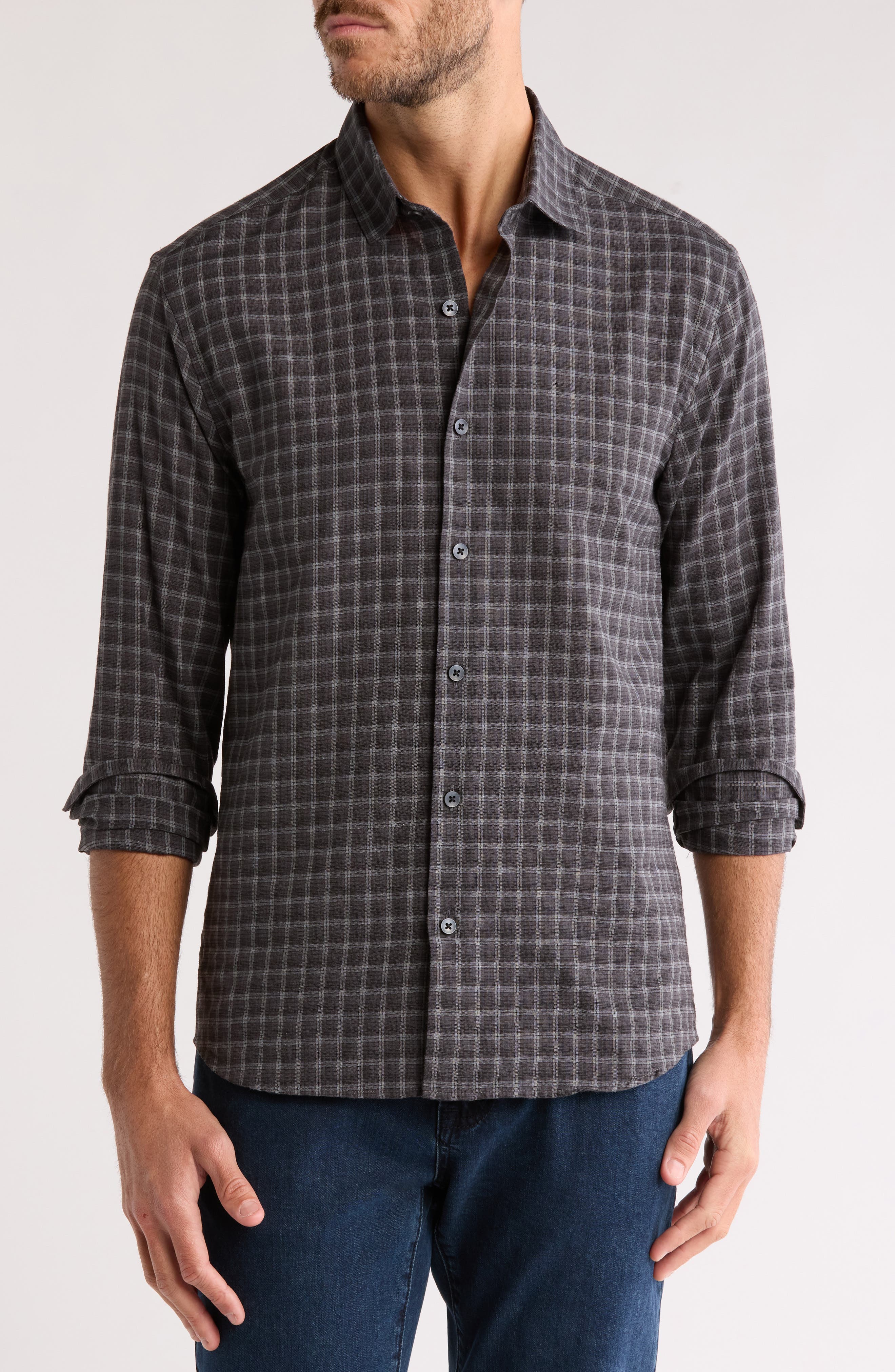 WESTZEROONE Ned Mini Check Print Long Sleeve Button-Up Shirt