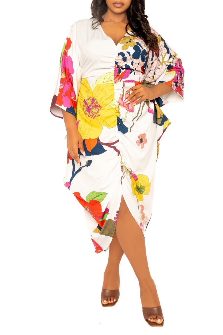 Print Cinch Waist Caftan Dress, Alternate, color, WHITE MULTI