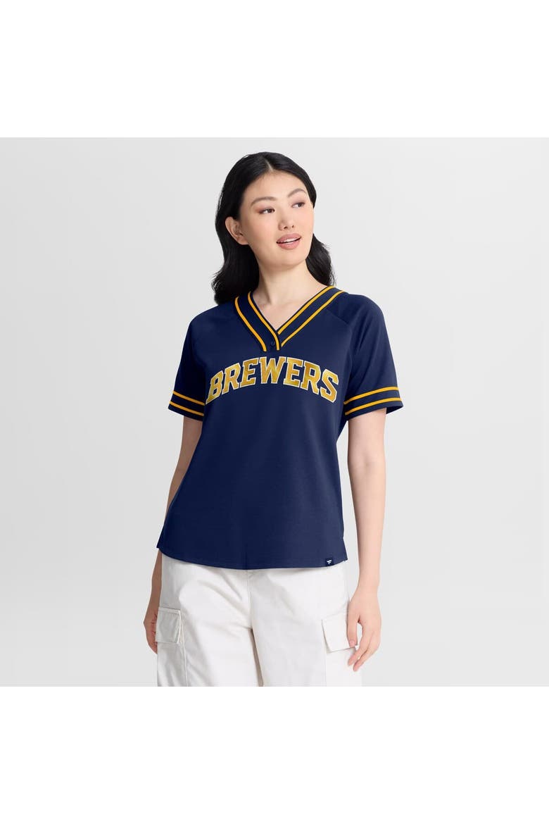 Women's Fanatics Navy Milwaukee Brewers Diva Race Ahead Raglan V-Neck T-Shirt, Main, color, Navy