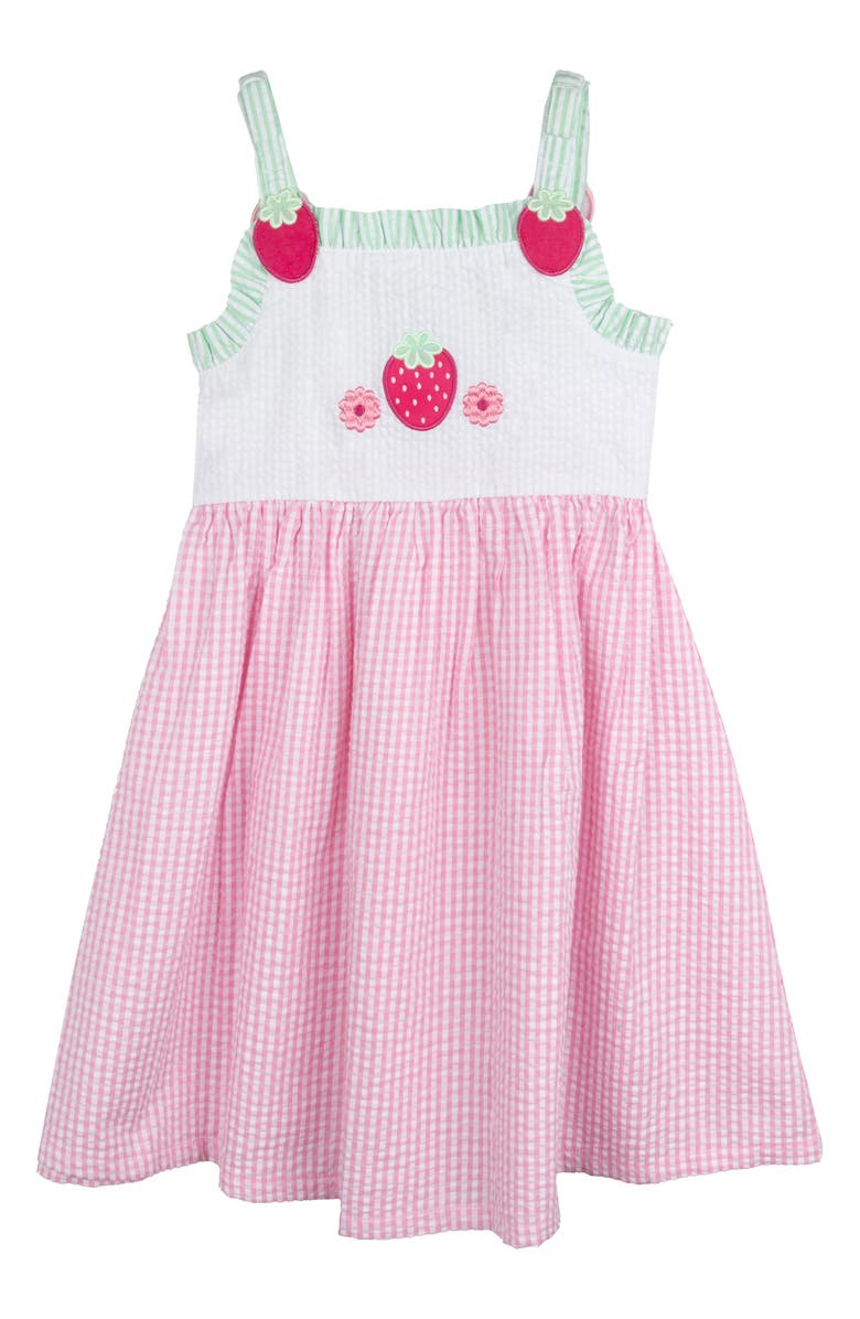 Rare Editions Kids' Strawberry Embroidered Seersucker Dress, Main, color, 