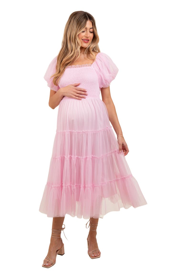 Smocked Tiered Tulle Midi Dress, Alternate, color, Light Pink