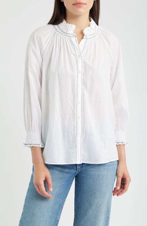 Zigzag Stitch Crinkle Cotton Button-Up Shirt