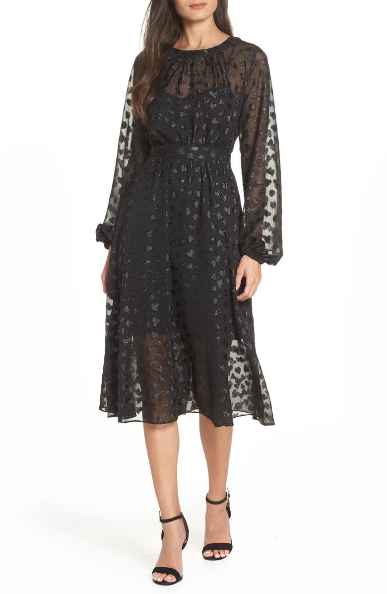 Avec Les Filles Tea Length Metallic Mesh Dress, Main, color, Black