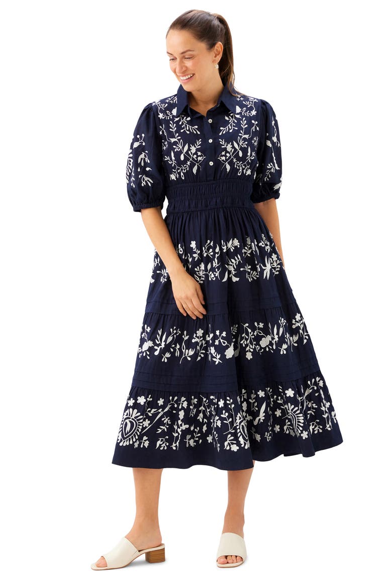 Embroidered Puff Sleeve Tiered Midi Dress, Alternate, color, NAVY