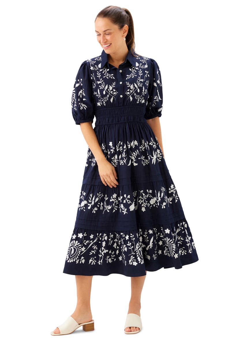 Karen Kane Embroidered Puff Sleeve Tiered Midi Dress, Alternate, color, Navy