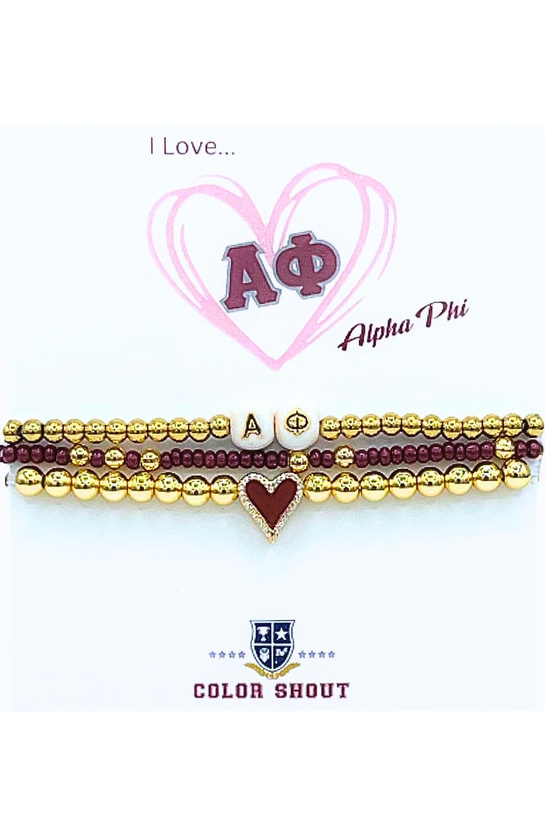 Color Shout Alpha Phi Love My Sorority Bracelet Stack, Main, color, Yellow Gold