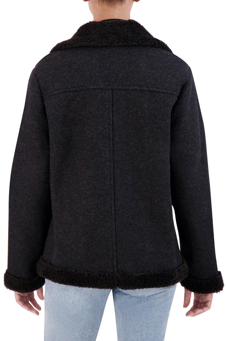 Asymmetric Faux Shearling Trim Faux Wool Moto Jacket, Alternate, color, BLACK