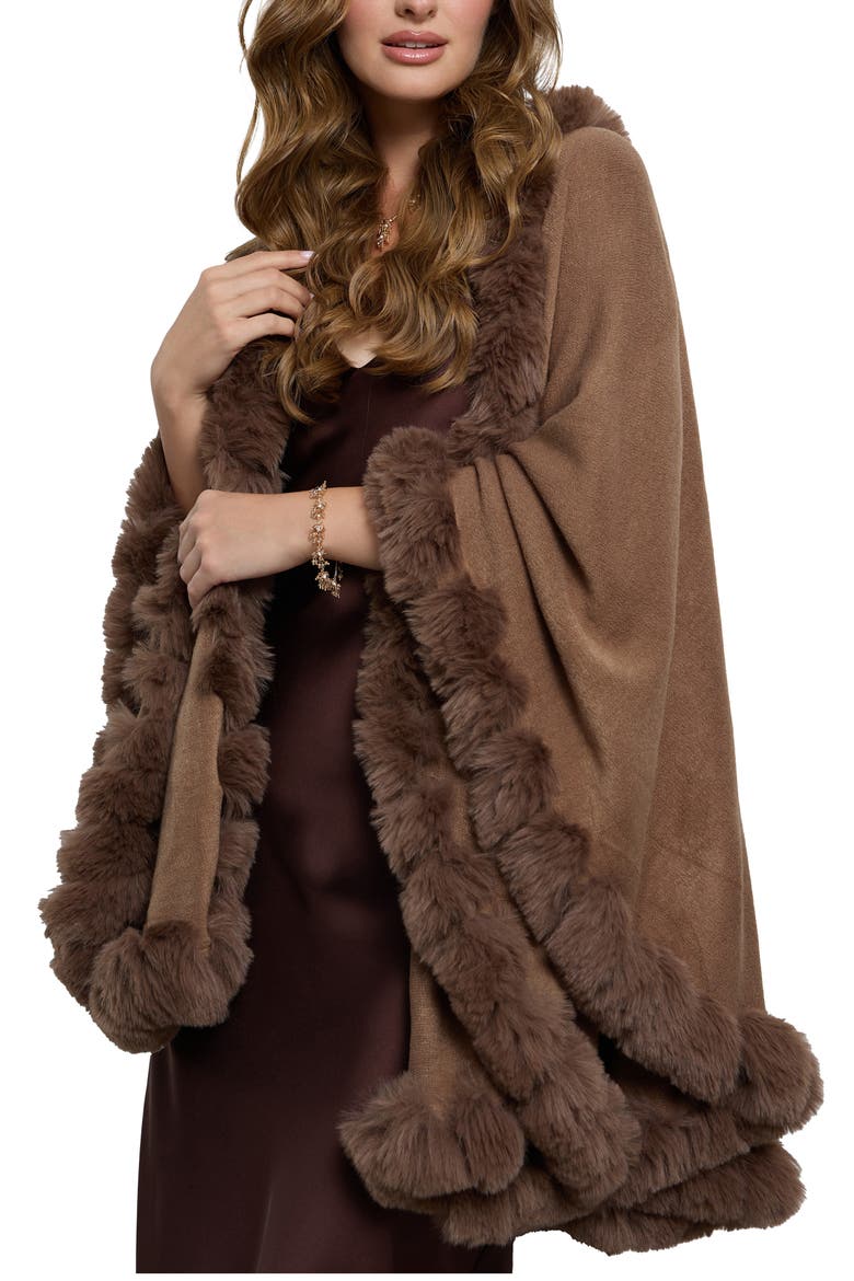 Faux Fur Trim Cape, Main, color, BROWN