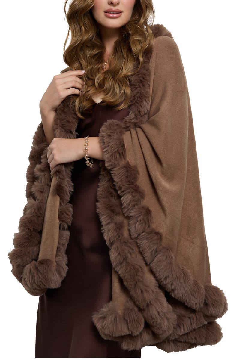 SAACHI Faux Fur Trim Cape, Main, color, Brown