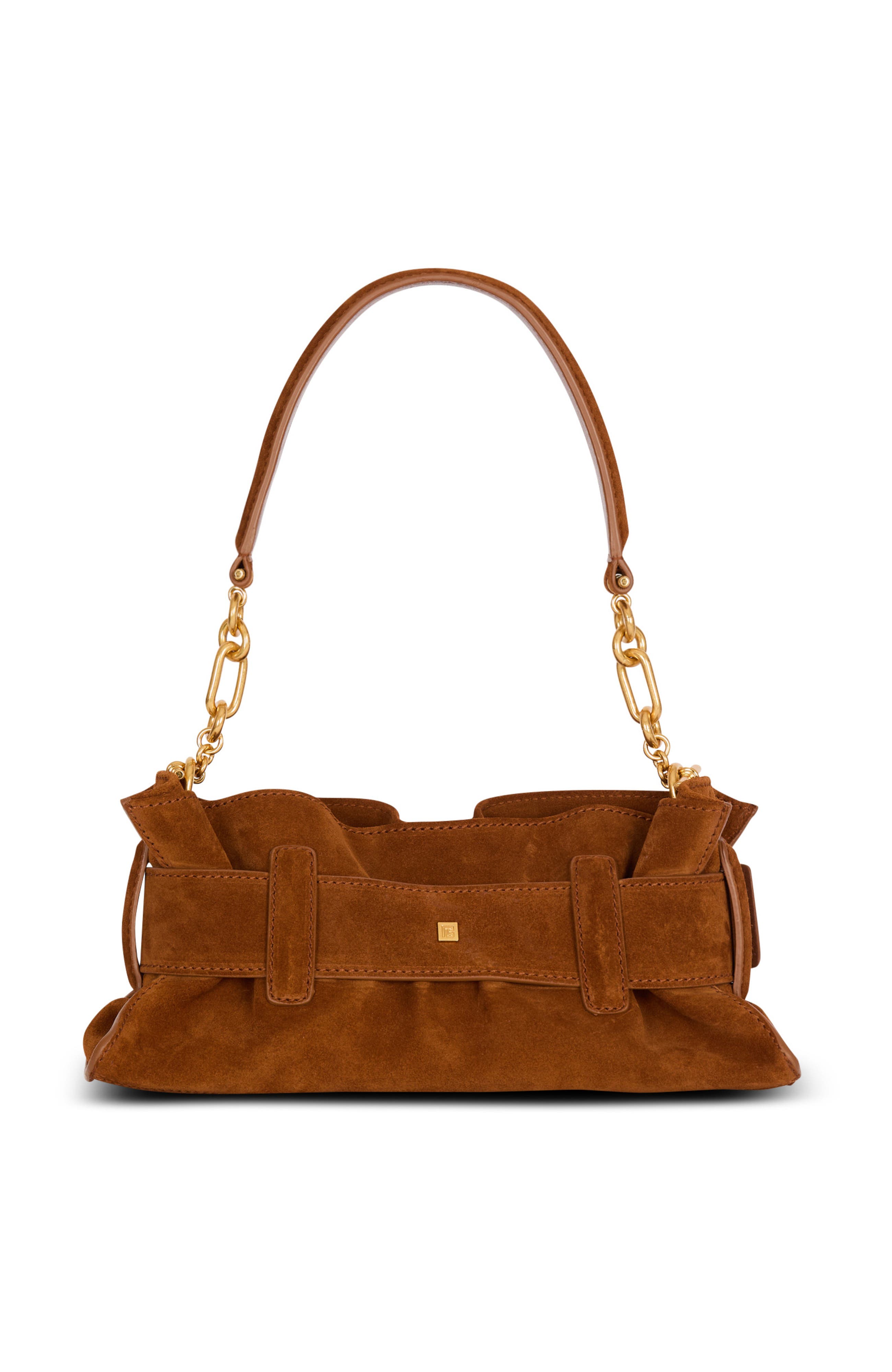 Balmain Anthem Mini suede leather bag, Alternate, color, Brown