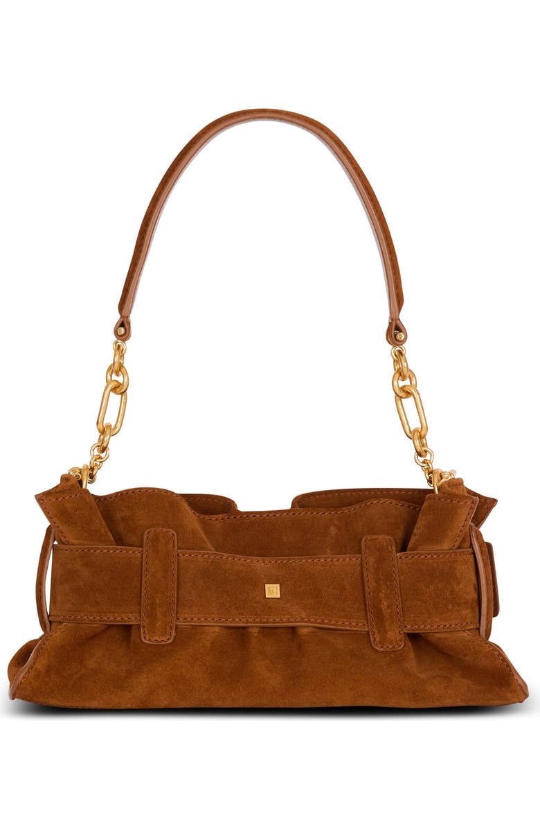 Balmain Anthem Mini suede leather bag, Alternate, color, Brown