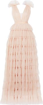 SAU LEE Sabrina Plunge Neck Tiered Tulle Gown