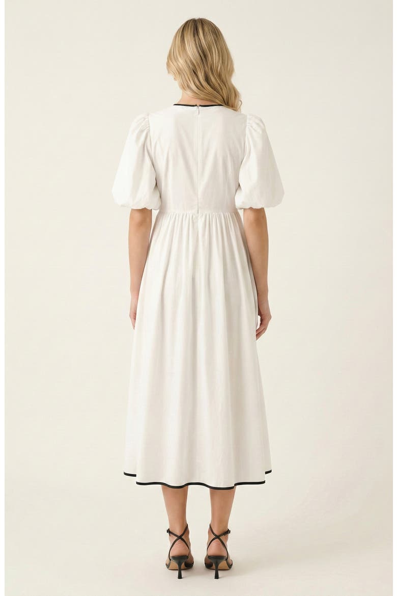 Puff Sleeve Midi Dress with Tiered Front Ties and Contrast Trim, Alternate, color, White / Black Trim