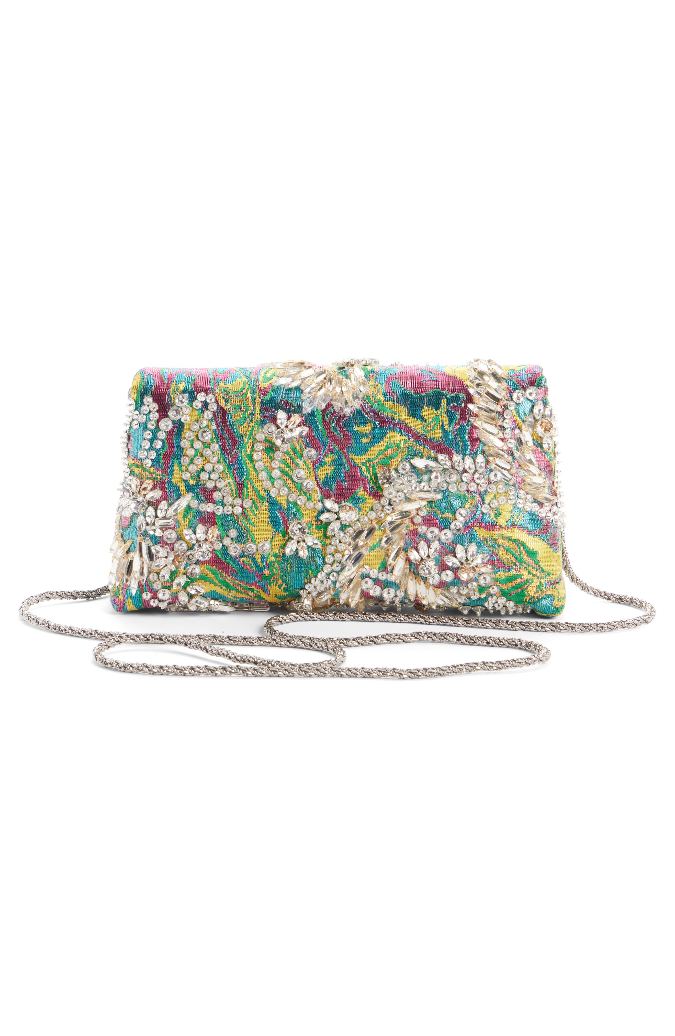 Dries Van Noten Crystal Embellished Lamé Floral Jacquard Clutch, Alternate, color, 207 Lemon